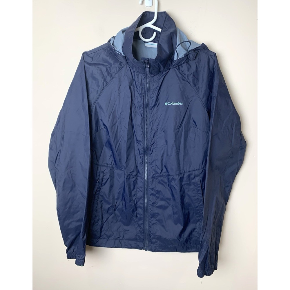 Columbia Rain Jacket Mens Large Blue Lightweight Packable Hooded‎ EUC
